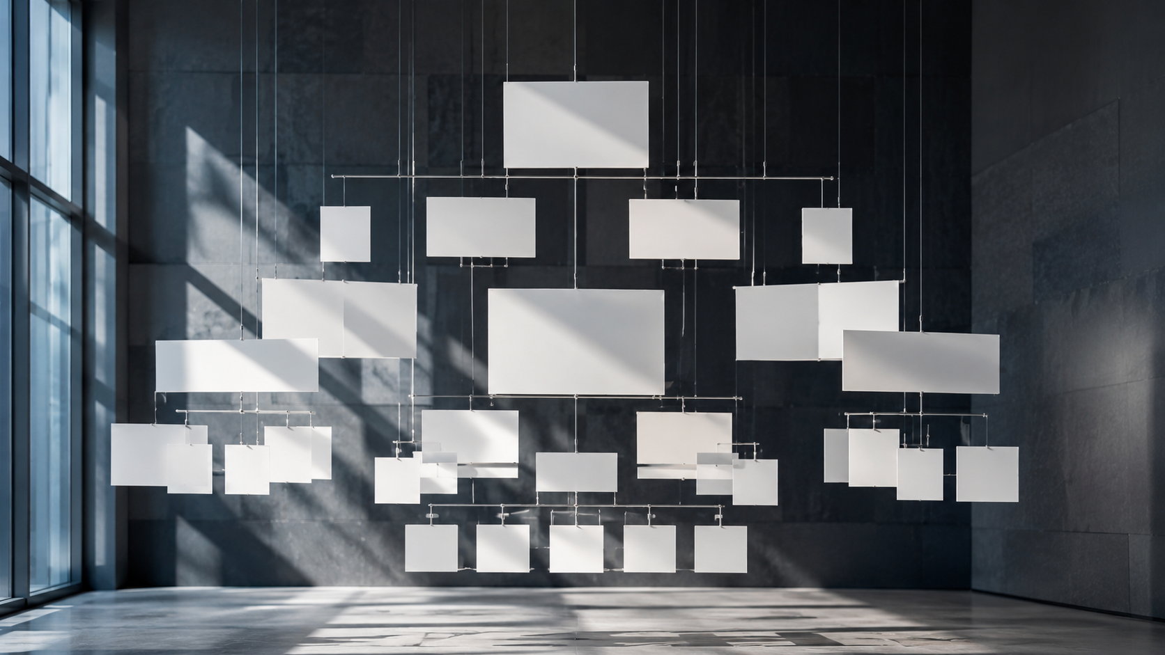 A series of suspended white panels connected by fine lines, forming a layered organisational hierarchy within a minimalist architectural space.