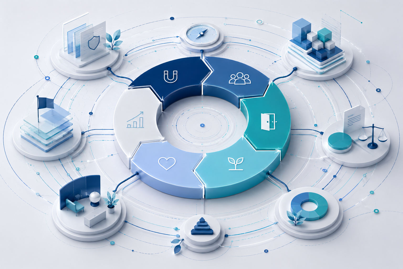 Conceptual illustration showing employee lifecycle stages connected to corporate services functions that influence workplace accessibility and inclusion.