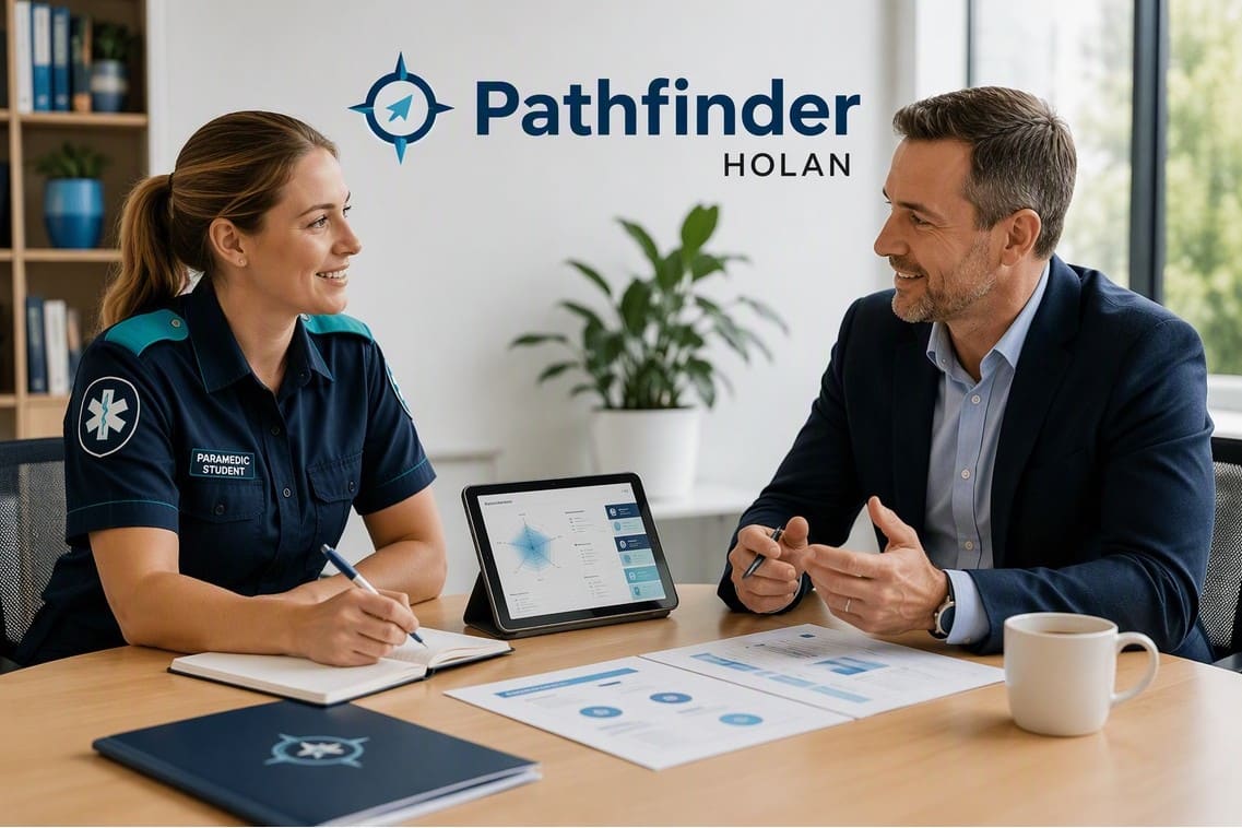 Student participating in a career coaching session while reviewing a personalised career portfolio and interview preparation plan.