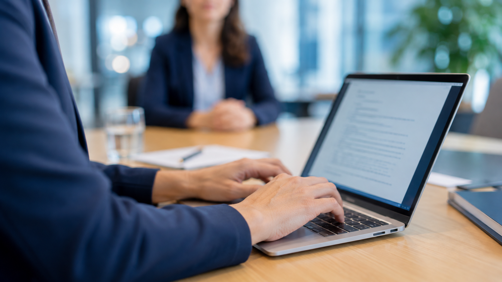 Hands typing interview notes on a laptop during a recruitment assessment, with a candidate seated in the background.