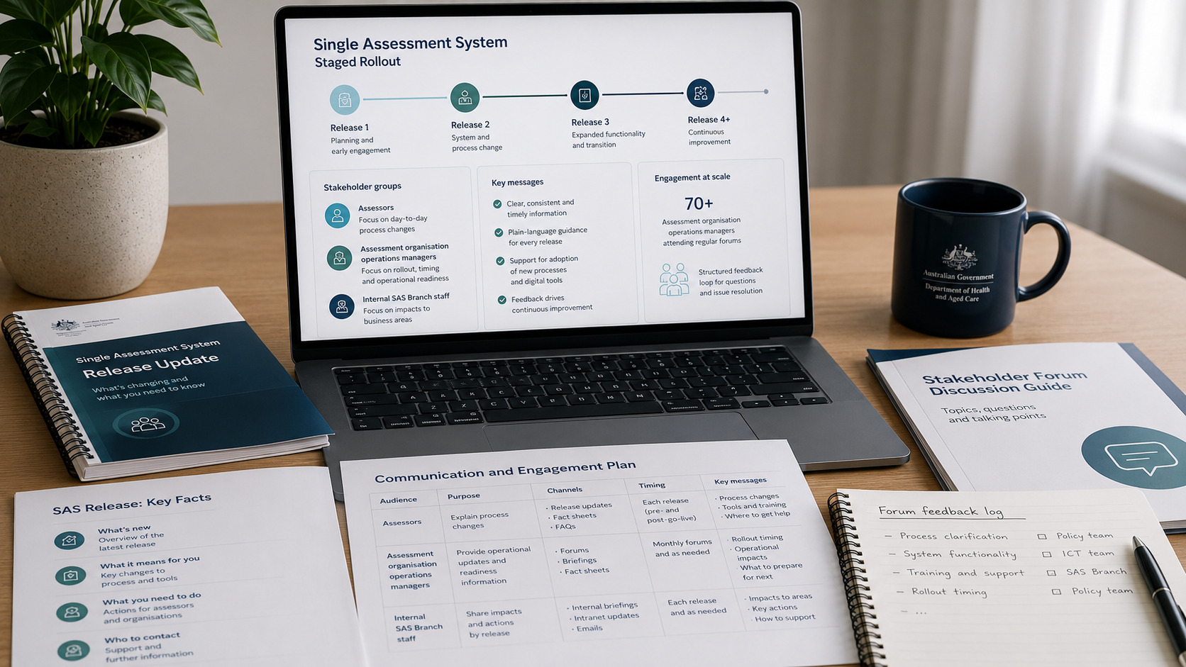 Digital change management roadmap displayed alongside stakeholder engagement plans, communication materials and rollout documentation.